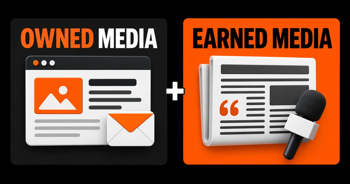 Owned media shown as a website and newsletter alongside earned media shown as a newspaper and microphone, joined by a plus sign.