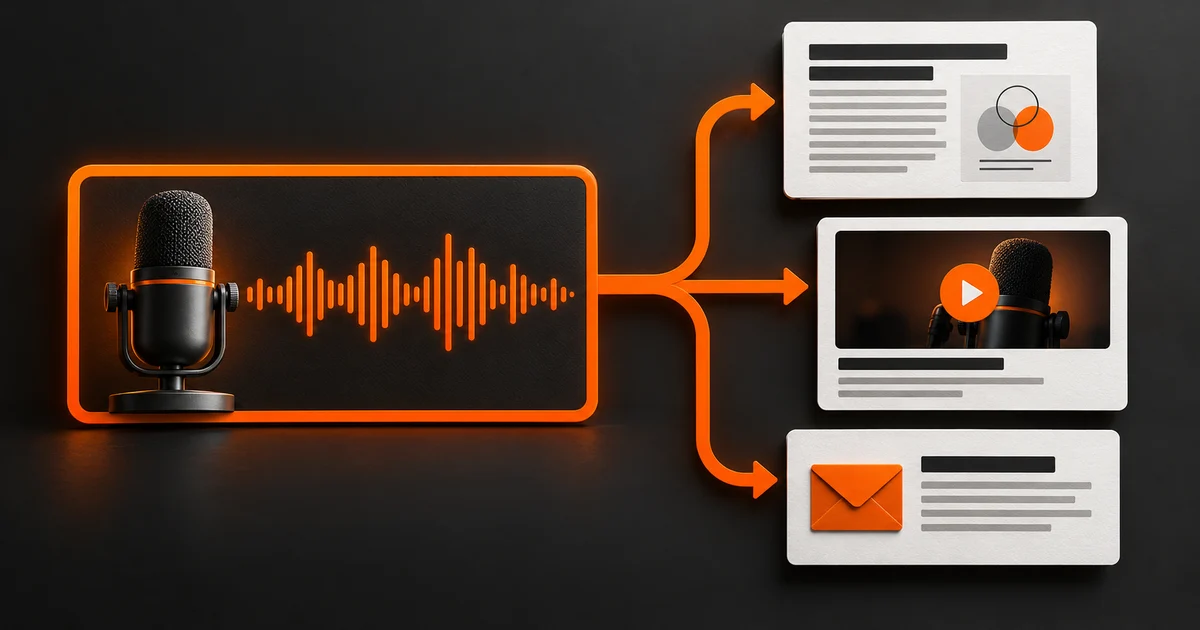 A podcast recording with a microphone and waveform connects to an article, a video clip, and an email.